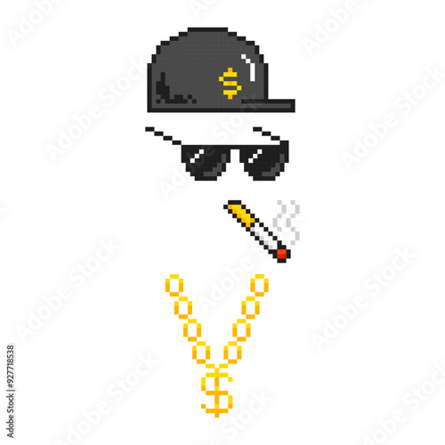 The life of a thug boss. Boss pixel attributes, bandit pixel glasses, gangster gold chain, cap and a cigar.