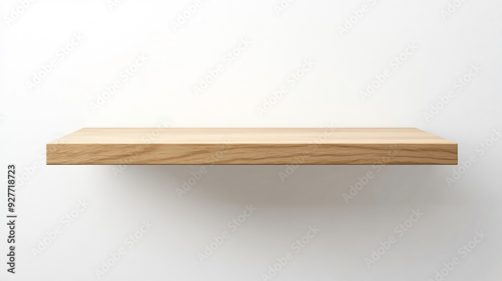 A contemporary wall-mounted shelf with a simple, floating design in light oak wood, isolated on a plain white background A contemporary wall-mounted shelf with a simple, floating design in light oak wood, isolated on a plain white background