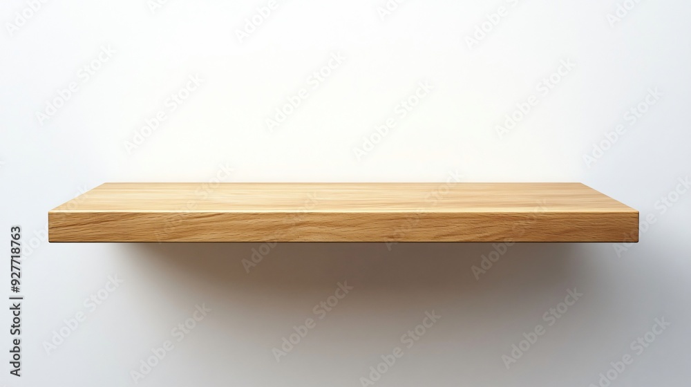 A contemporary wall-mounted shelf with a simple, floating design in light oak wood, isolated on a plain white background