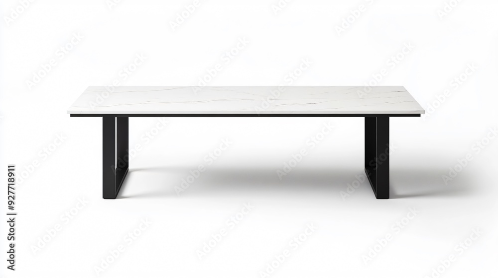 A minimalist coffee table with a rectangular white marble top and black metal legs, isolated on a pure white background for a clean, modern look A minimalist coffee table with a rectangular white marble top and black metal legs, isolated on a pure white background for a clean, modern look
