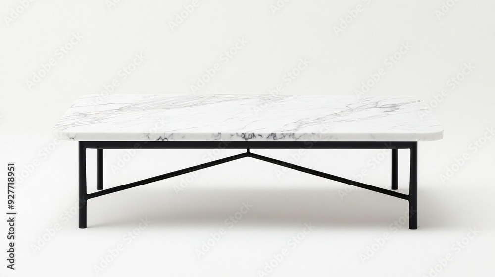 A minimalist coffee table with a rectangular white marble top and black metal legs, isolated on a pure white background for a clean, modern look A minimalist coffee table with a rectangular white marble top and black metal legs, isolated on a pure white background for a clean, modern look