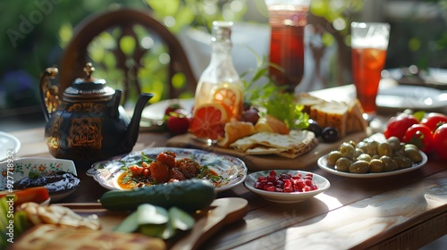 Turkish breakfasts with a variety of mezes including photo