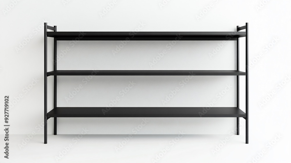 A minimalist shelving unit with a simple, open design in matte black metal, isolated on a pure white background A minimalist shelving unit with a simple, open design in matte black metal, isolated on a pure white background