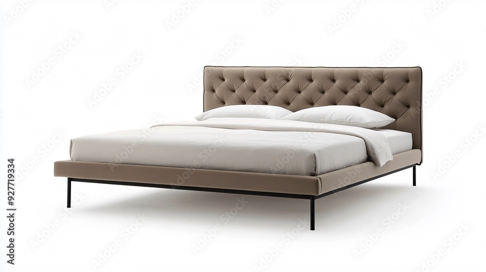 A modern bed frame with a tufted headboard in soft, beige fabric, and thin, black metal legs, centered on an isolated white background A modern bed frame with a tufted headboard in soft, beige fabric, and thin, black metal legs, centered on an isolated white background
