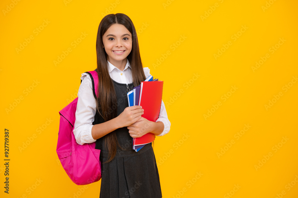 School teenager child girl with school backpack hold book and copybook. Teenager student, isolated background. Learning and knowledge. Go study. School teenager child girl with school backpack hold book and copybook. Teenager student, isolated background. Learning and knowledge. Go study.