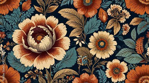Vintage-inspired floral patterns with muted tones and intricate details