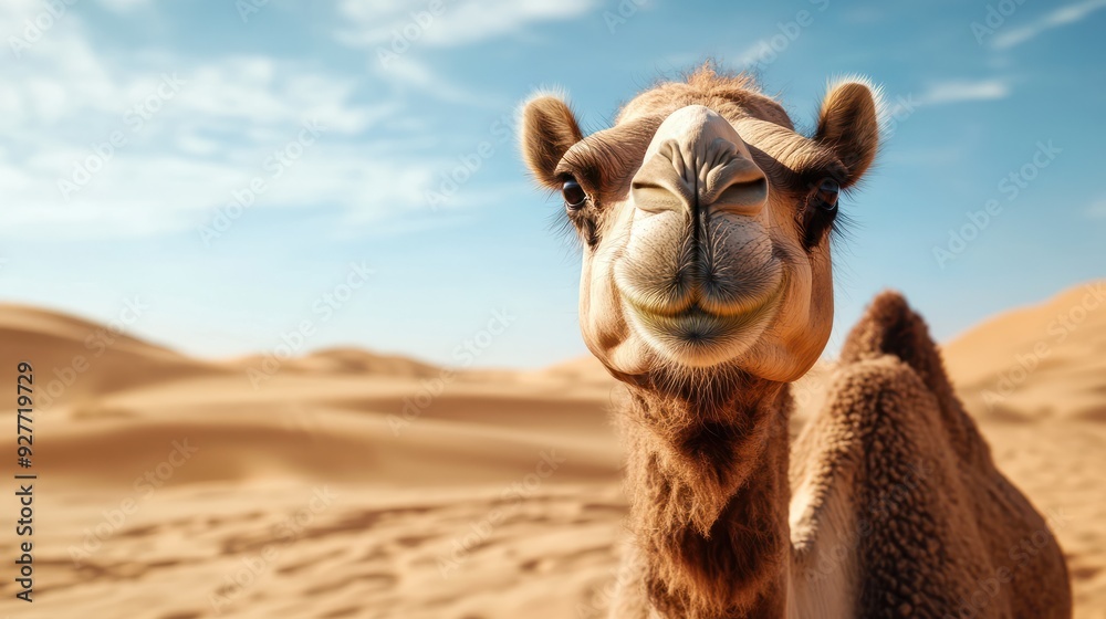 Obraz premium Closeup camel portrait in the desert with space for copy