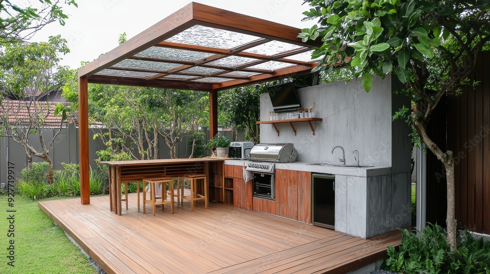 A beautifully designed outdoor kitchen and dining area, featuring modern amenities and lush greenery, perfect for social gatherings and family meals. A beautifully designed outdoor kitchen and dining area, featuring modern amenities and lush greenery, perfect for social gatherings and family meals.