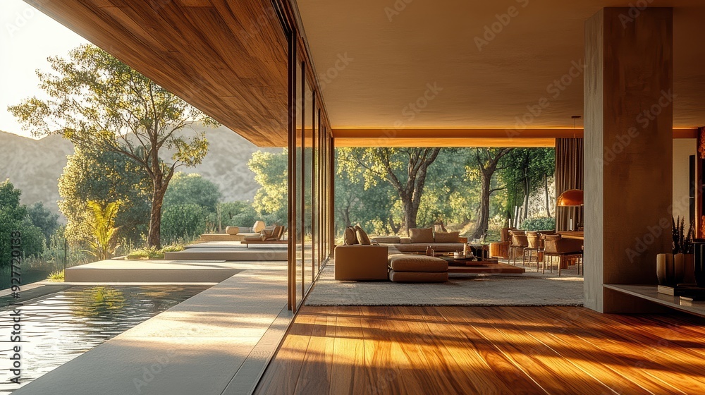 Fototapeta premium Modern luxury home blending seamlessly with nature, featuring expansive glass walls and an inviting pool under a golden sunset.