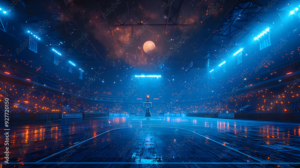 Obraz premium A basketball arena is filled with glowing lights and a cosmic atmosphere, highlighting a basketball suspended above a wet court