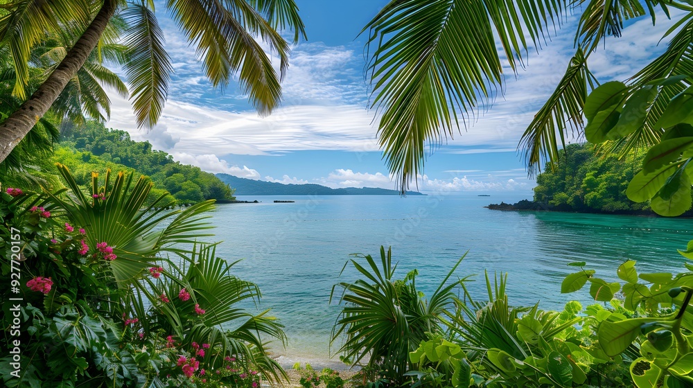 Fototapeta premium The bay is surrounded by green palm trees
