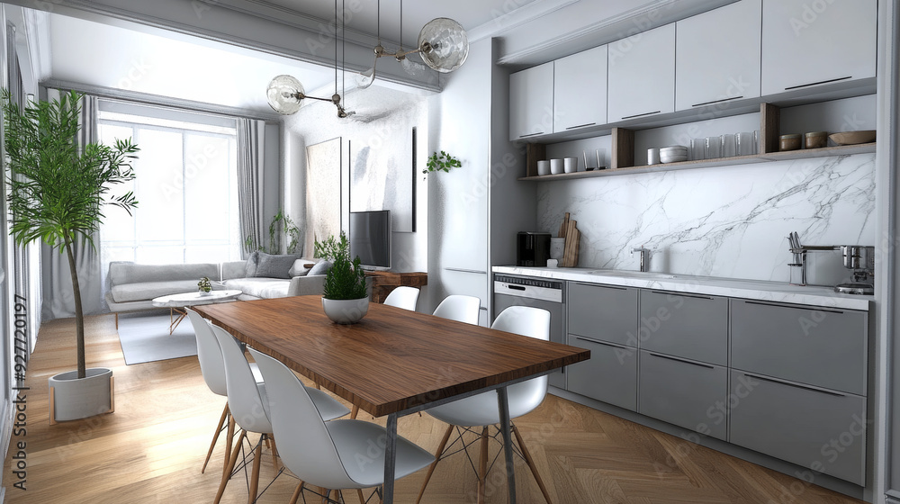 This 3D rendered image of a studio apartment shows the white marble kitchen with grey storage units, a wooden dining table. --ar 16:9 --v 6.1 Job ID: 9f28dc7c-3558-4dc0-b440-436d2d8f1ad1