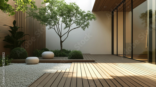 Minimalist courtyard with wooden decking and garden elements, designed for tranquility and peaceful outdoor relaxation. photo