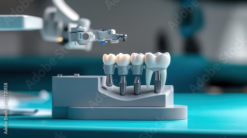 Close-up of dental implants with a dental tool in the background. photo