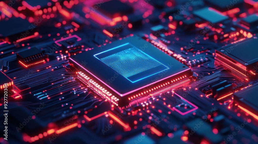 Concept CPU microchip for ai and data network. Close-up view of modern chip gpu card with circuit blue neon lights Concept CPU microchip for ai and data network. Close-up view of modern chip gpu card with circuit blue neon lights