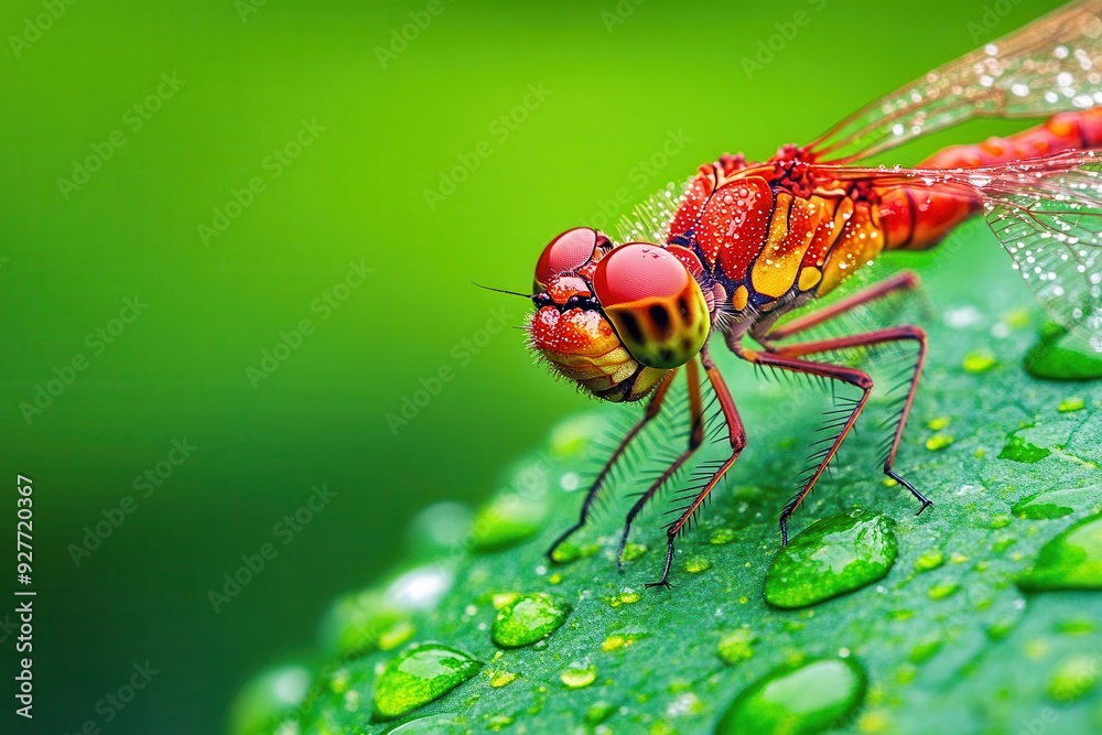 A vibrant red dragonfly perched on a green leaf adorned with raindrops, illustrating the beauty of nature and macro photography. A vibrant red dragonfly perched on a green leaf adorned with raindrops, illustrating the beauty of nature and macro photography.