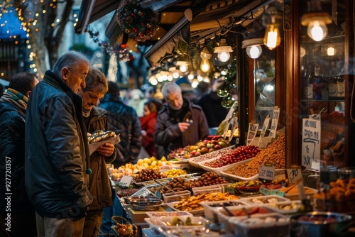 Shoppers browse a lively market, surrounded by colorful fruits and vegetables, creating a vibrant community scene, Celebrate the sensory overload of sights, sounds, and smells in a market.