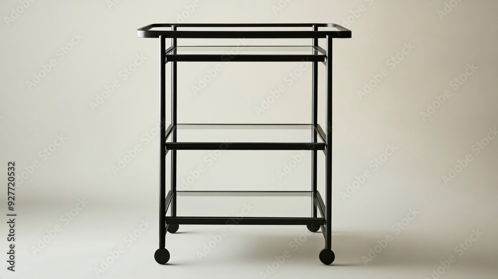 A sleek bar cart with a minimalist metal frame in matte black and glass shelves, displayed on a plain, light gray background A sleek bar cart with a minimalist metal frame in matte black and glass shelves, displayed on a plain, light gray background