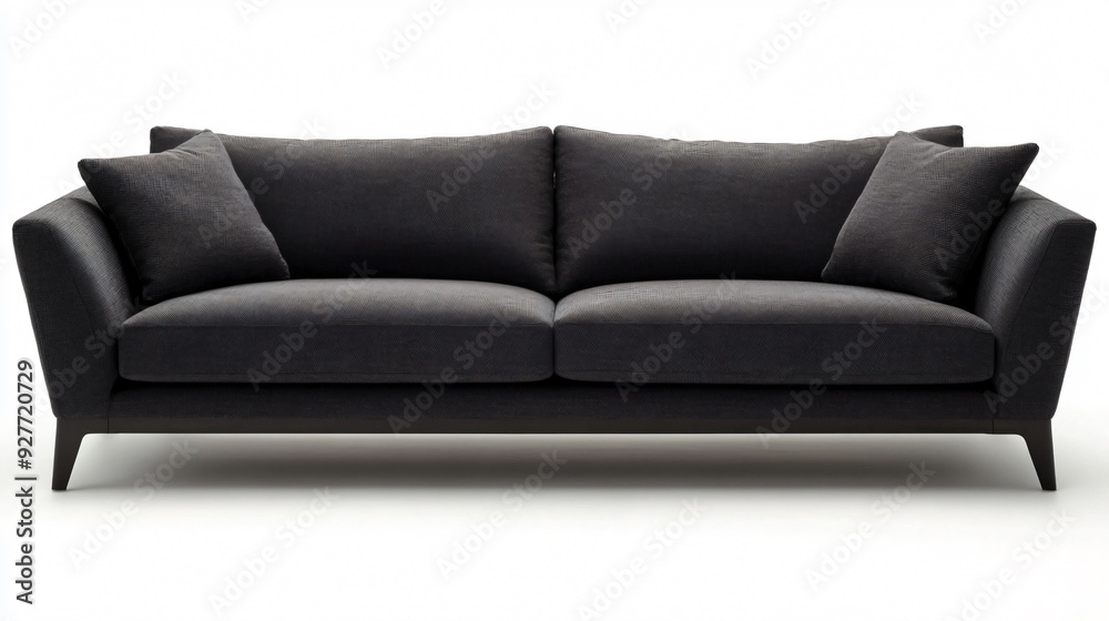 A sleek, modern sofa with clean lines and a minimalist design, upholstered in a deep charcoal gray fabric, isolated on a plain white background A sleek, modern sofa with clean lines and a minimalist design, upholstered in a deep charcoal gray fabric, isolated on a plain white background