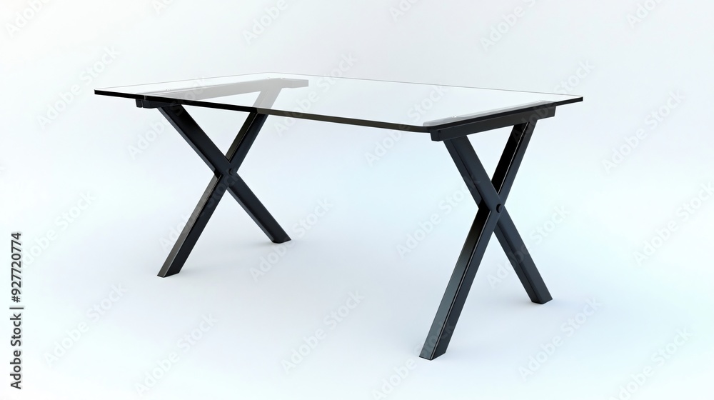 A sleek office desk with a minimalist design, featuring a glass top and black metal legs, centered on a clean, white background A sleek office desk with a minimalist design, featuring a glass top and black metal legs, centered on a clean, white background