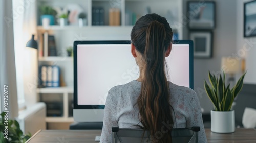 A young woman is seen using a computer in front of a blank white screen at home.