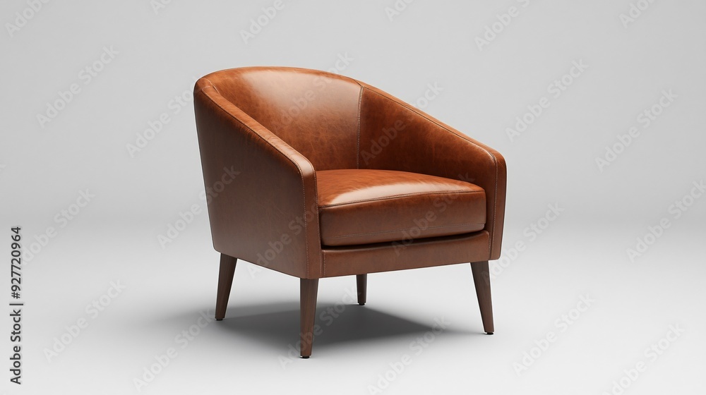 A stylish accent chair with a low, sloped backrest and rich brown leather upholstery, placed on an isolated gray background A stylish accent chair with a low, sloped backrest and rich brown leather upholstery, placed on an isolated gray background