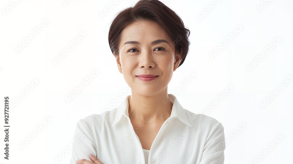 Portrait of a smiling middle-aged Asian woman in a white shirt, against a white background. Portrait of a smiling middle-aged Asian woman in a white shirt, against a white background.
