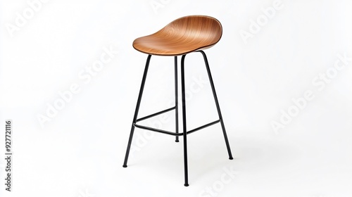 A stylish bar stool with a curved, wooden seat and slender black metal legs, isolated on a plain white background for a minimalist effect