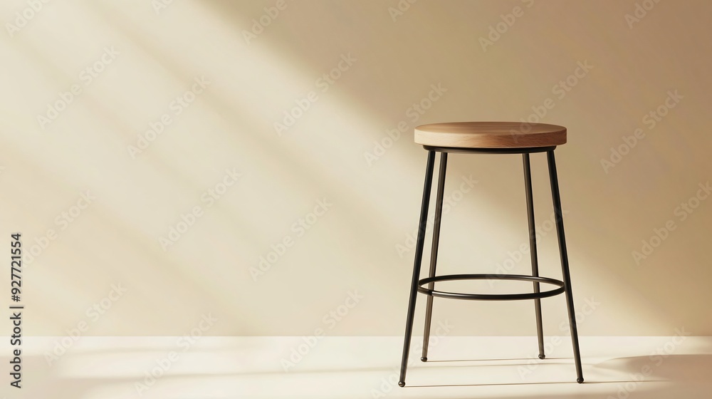 A stylish modern stool with a round wooden seat and thin, black metal legs, set against an isolated, neutral background A stylish modern stool with a round wooden seat and thin, black metal legs, set against an isolated, neutral background