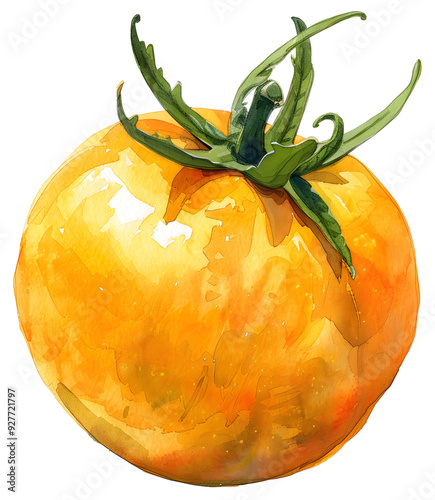 Watercolor ripe yellow tomato with green leaves sits against a white background.