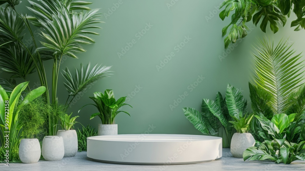 A presentation podium with a 3D render and plants in the background. A presentation podium with a 3D render and plants in the background.