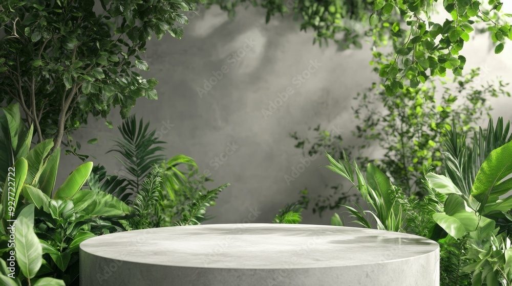 A 3D podium for presenting products with a plant composition in the background. A 3D podium for presenting products with a plant composition in the background.