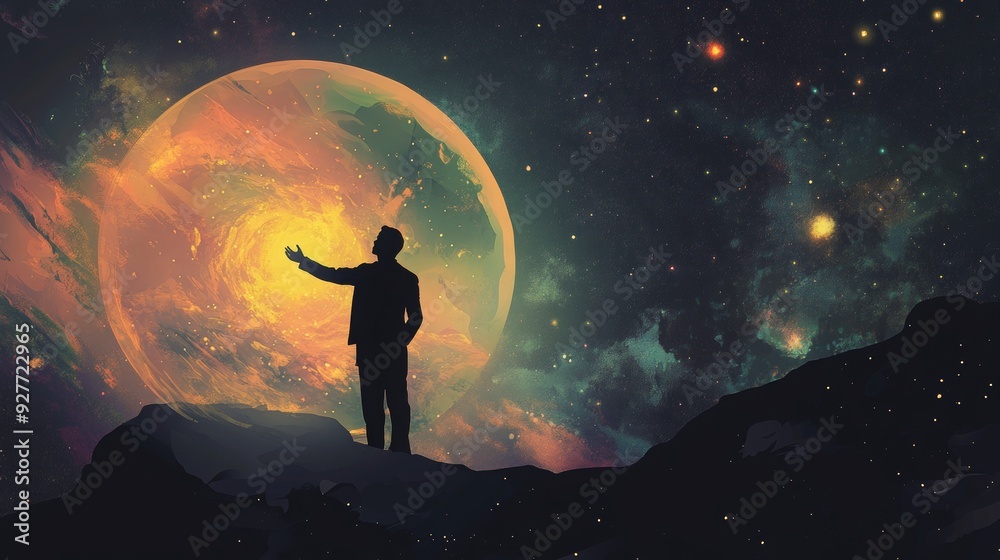 Celestial vector illustration: a man in space interacting with a planet. Celestial vector illustration: a man in space interacting with a planet.