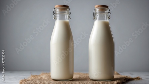Two glass bottles of fresh milk with cork stoppers on a cloth.