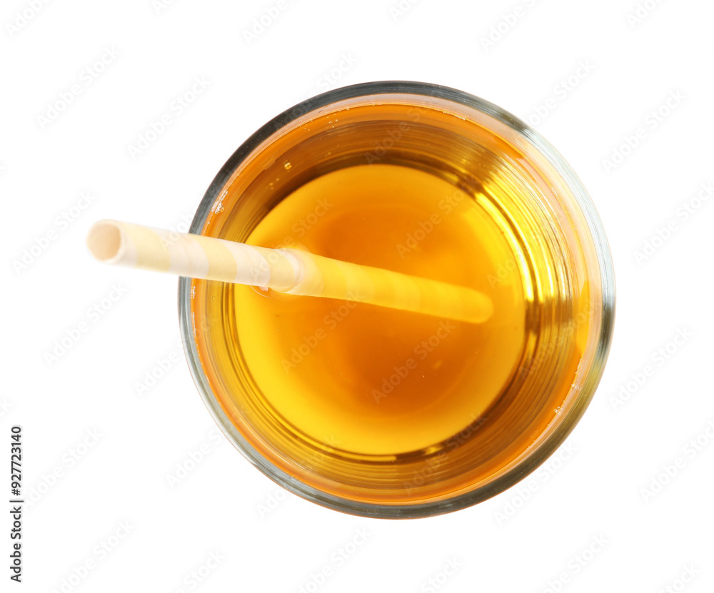 Tasty grape juice in glass and straw isolated on white, top view Tasty grape juice in glass and straw isolated on white, top view