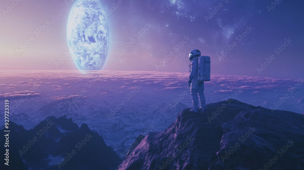 Fototapeta premium Astronaut on an unknown planet in outer space.