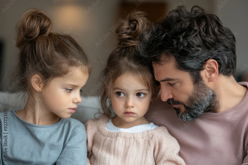 Father Bonding with Two Young Daughters at Home, Family Love and Togetherness, Cozy Indoor Setting Father Bonding with Two Young Daughters at Home, Family Love and Togetherness, Cozy Indoor Setting