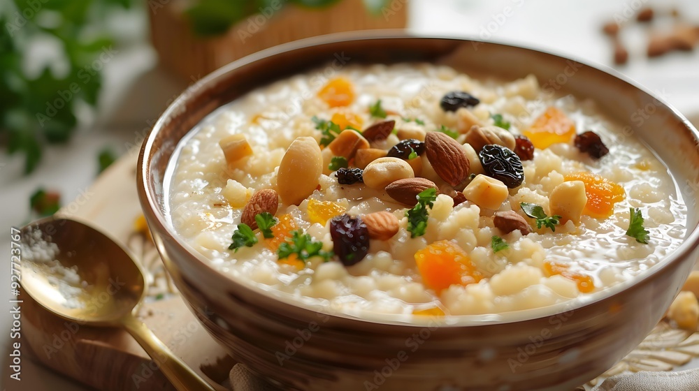 Millet porridge with dried fruits and nuts served Millet porridge with dried fruits and nuts served