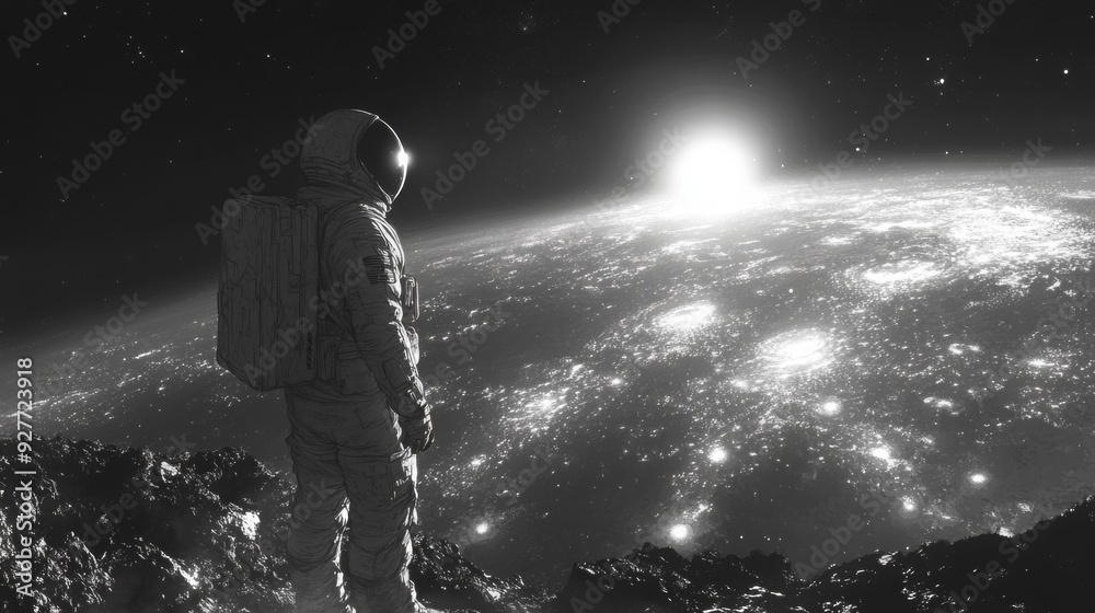 Obraz premium An astronaut observes the universe from another planet.