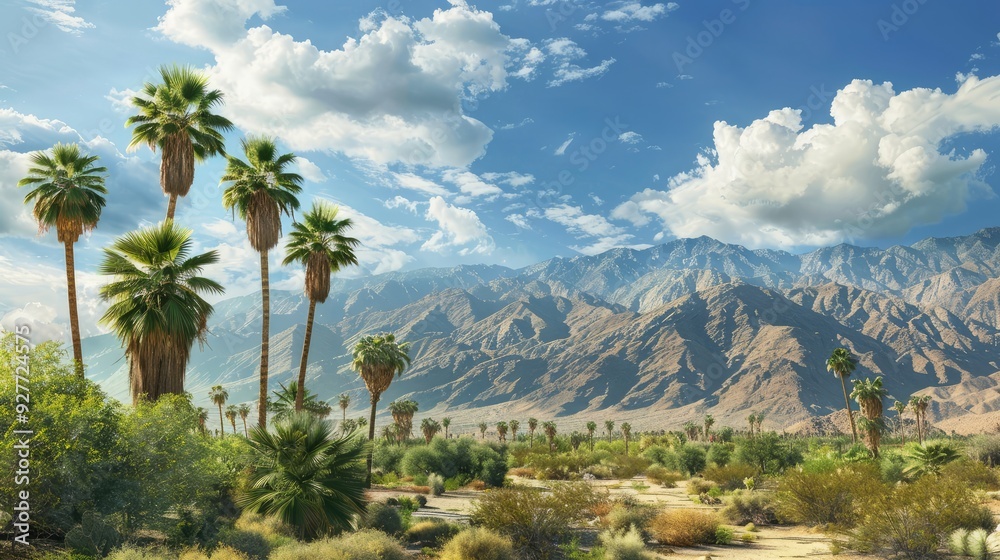 A tranquil scene with palm trees and mountains. A tranquil scene with palm trees and mountains.