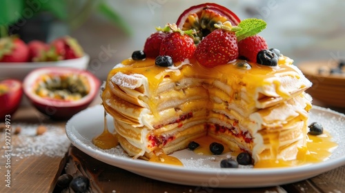 Passion fruit Crepe Cake in focus on wooden backdrop photo