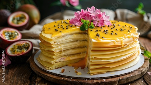 Passion fruit Crepe Cake in focus on wooden backdrop photo