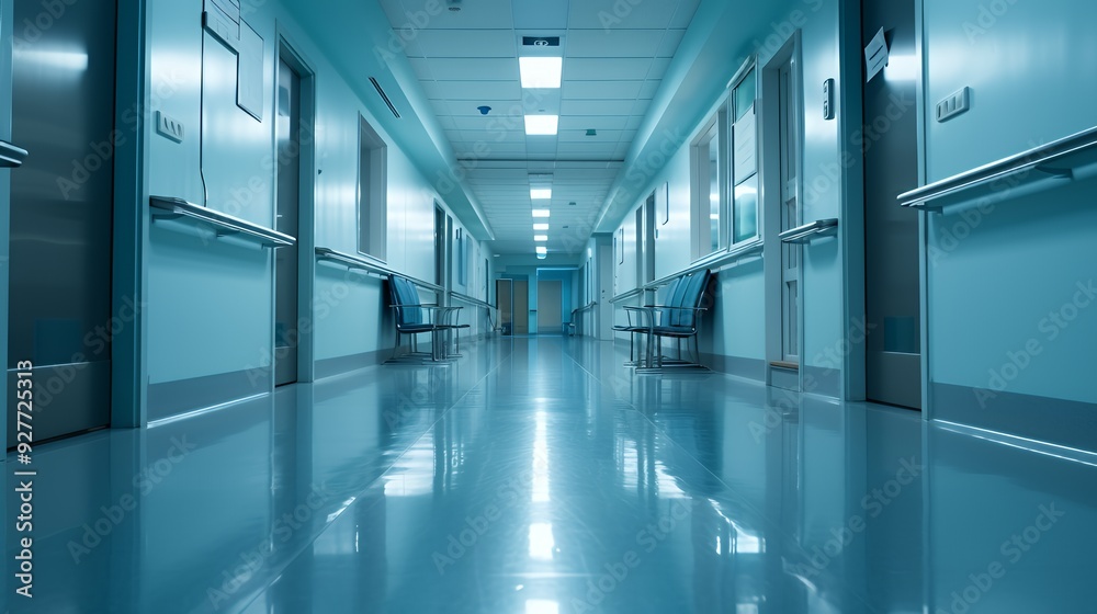 Empty hospital corridor with blue walls and shiny floor, two chairs. Empty hospital corridor with blue walls and shiny floor, two chairs.