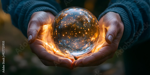 Hands holding a glowing crystal ball