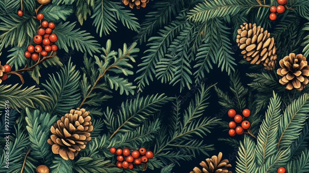 Fototapeta premium Vintage seamless pattern with engraving: conifers, ferns and berries.