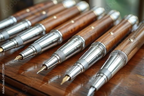 A row of pens with wooden bodies and metal tips