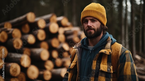 Lumberjack. standing in front of wood pile in forest. Logger man