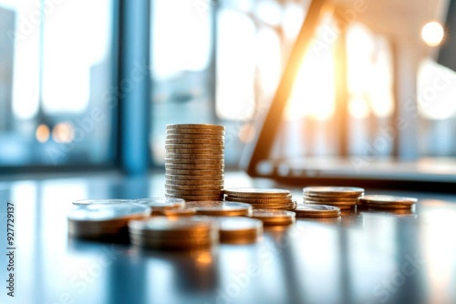 A close-up of stacked coins on a reflective surface with soft natural light, symbolizing finance and investment.