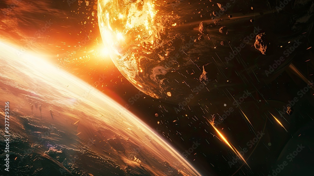 A fiery celestial event in space with a glowing planet and asteroids on a dark background. A fiery celestial event in space with a glowing planet and asteroids on a dark background.