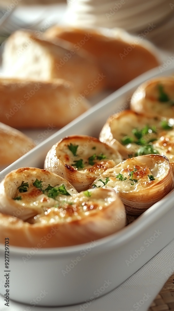 A platter of Escargots de Bourgogne, snails baked in garlic butter, served in their shells with a side of crusty baguette, on a white tablecloth in an elegant French bistro setting A platter of Escargots de Bourgogne, snails baked in garlic butter, served in their shells with a side of crusty baguette, on a white tablecloth in an elegant French bistro setting